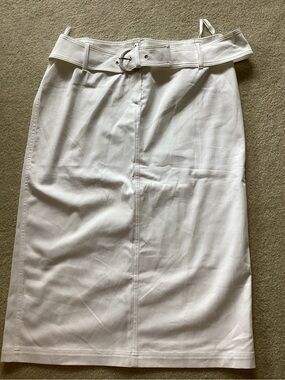 White Midi Pencil Skirt with Waist Belt, polished cotton with stretch